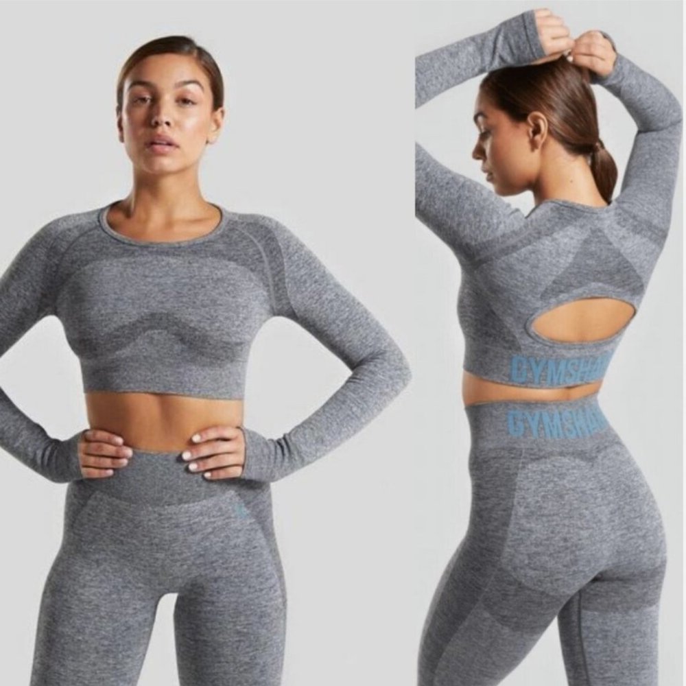 GYMSHARK HEATHER GRAY AND PINK LONG SLEEVE CROP TOP & BIKE SHORT SET